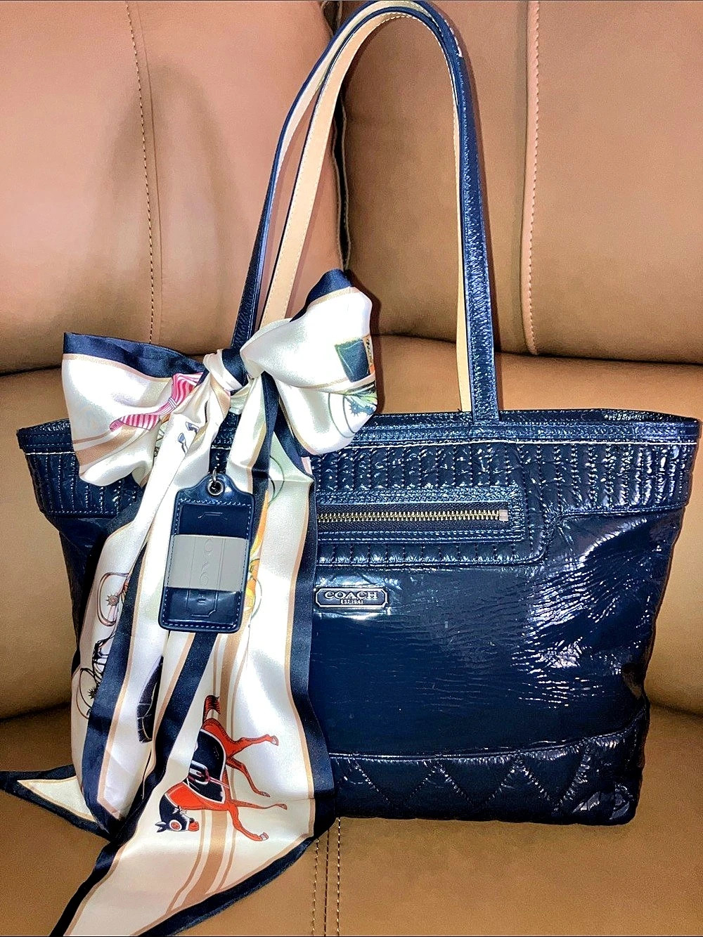 Coach Poppy Liquid Glass Navy Blue Patent Leather Quilted Tote